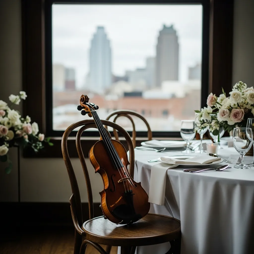 A violin rests on a wooden bentwood chair beside a formally set reception table with white linens, pink and white floral arrangements, and wine glasses, with a city skyline visible through the window.